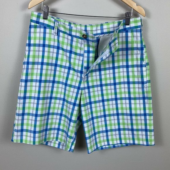 Izod Golf Shorts Mens 34 Perform X Blue White Green Plaid Casual Sport‎ Athletic - Picture 4 of 10